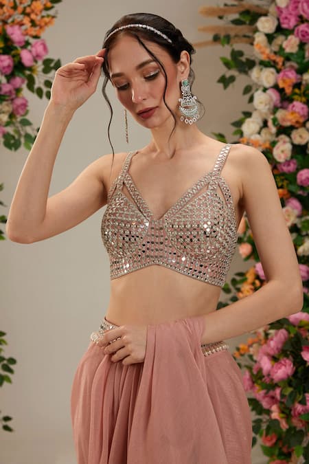 Buy_Preeti S Kapoor_Peach Georgette, Denim, Silk Nerine Pre-draped Saree With Embroidered Blouse_Online_at_Aza_Fashions