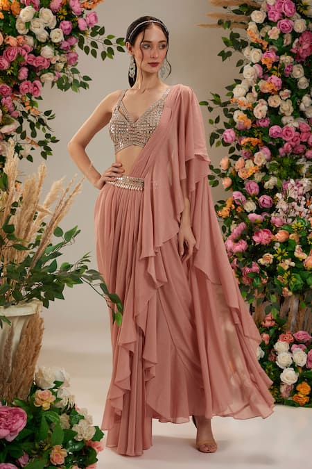 Shop_Preeti S Kapoor_Peach Georgette, Denim, Silk Nerine Pre-draped Saree With Embroidered Blouse_Online_at_Aza_Fashions