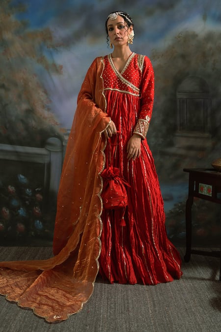 Meesa Red Chanderi Silk, Tissue Sequins, Embellished Angarkha Anarkali With Dupatta Online at Aza Fashions Meesa_Red Chanderi Silk, Tissue Sequins, Embellished Angarkha Anarkali With Dupatta _Online_at_Aza_Fashions