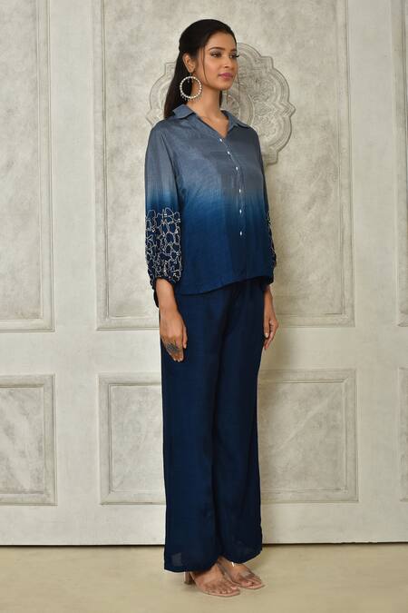 Samyukta Singhania_Blue Dola Silk Embroidered Ombre Pearl Embellished Top With Pant _at_Aza_Fashions
