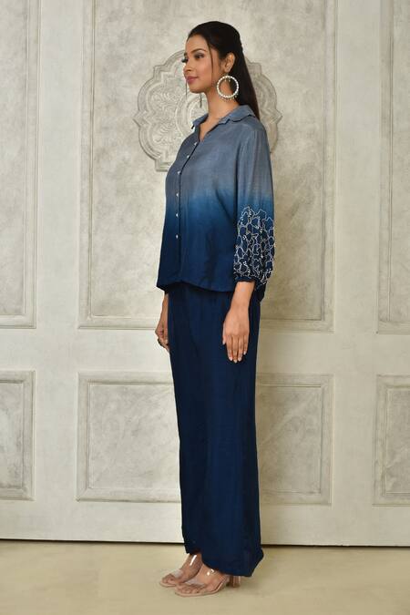 Buy_Samyukta Singhania_Blue Dola Silk Embroidered Ombre Pearl Embellished Top With Pant 