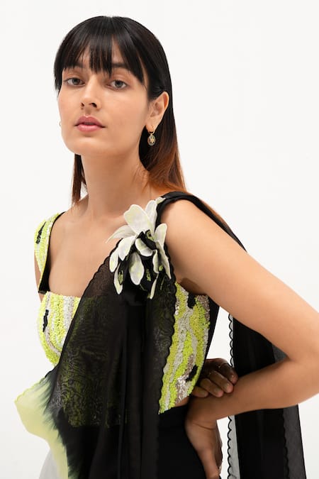 Richa Khemka Black Silk, Bamboo Sequins, Beads Square Nero Pant Saree With Embroidered Blouse Online at Aza Fashions Richa Khemka_Black Silk, Bamboo Sequins, Beads Square Nero Pant Saree With Embroidered Blouse _Online_at_Aza_Fashions