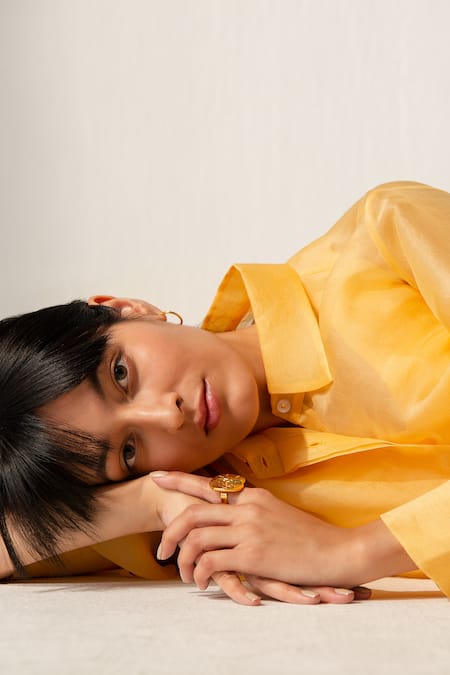 Shop_Richa Khemka_Yellow Organza, Cotton, Lycra, Modal, Satin, Oceano Shirt And Printed Skirt Set _at_Aza_Fashions