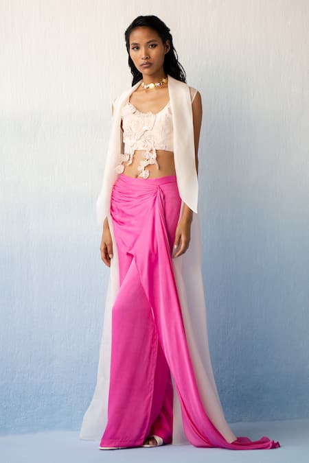 Shop Richa Khemka Pink Silk, Modal, Satin, Organza Embroidery Rose Applique Work Top Pant Set at Aza Fashions Shop_Richa Khemka_Pink Silk, Modal, Satin, Organza Embroidery Rose Applique Work Top Pant Set _at_Aza_Fashions