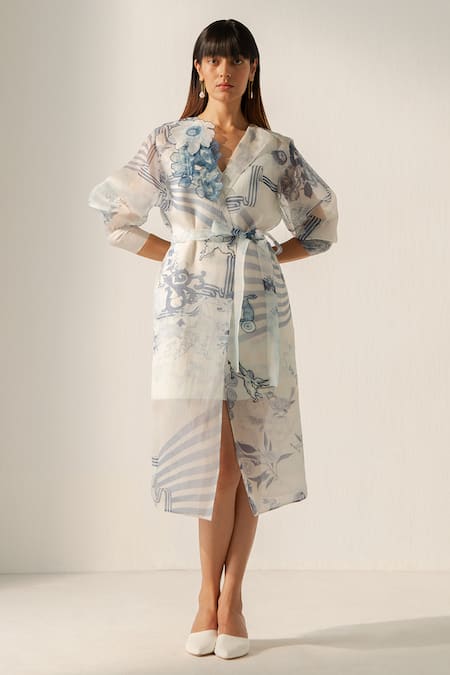 Richa Khemka Blue Jacket Organza Printed And Embroidered Aqua Sirena Trench & Dress Set 