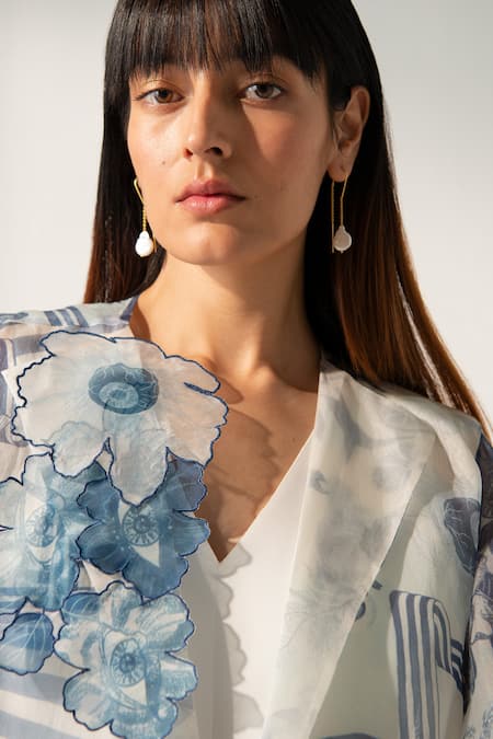 Shop Richa Khemka Blue Organza, Neoprene Embroidery, Sirena Printed Trench Jacket And Dress Set at Aza Fashions Shop_Richa Khemka_Blue Organza, Neoprene Embroidery, Sirena Printed Trench Jacket And Dress Set _at_Aza_Fashions