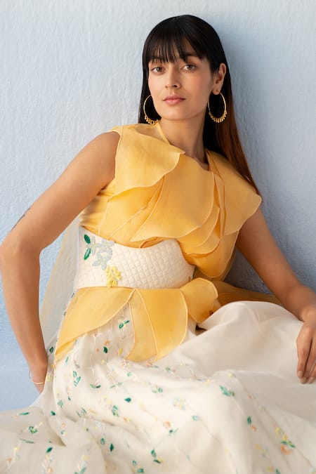 Shop Richa Khemka Yellow Taffeta, Organza, Lycra Cut Work, Embroidery Sole Overlay Skirt Set at Aza Fashions Shop_Richa Khemka_Yellow Taffeta, Organza, Lycra Cut Work, Embroidery Sole Overlay Skirt Set _at_Aza_Fashions