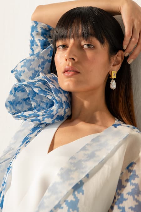 Shop_Richa Khemka_Blue Organza Embroidery V-neck, Collared Stella Printed Jacket And Dress Set _at_Aza_Fashions