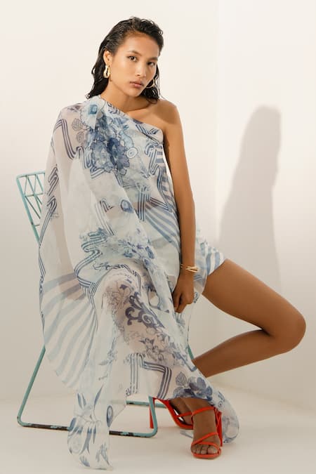 Shop Richa Khemka Blue Organza, Modal, Satin, Taffeta Asymmetric Aurella Printed Top And Skirt Set at Aza Fashions Shop_Richa Khemka_Blue Organza, Modal, Satin, Taffeta Asymmetric Aurella Printed Top And Skirt Set _at_Aza_Fashions