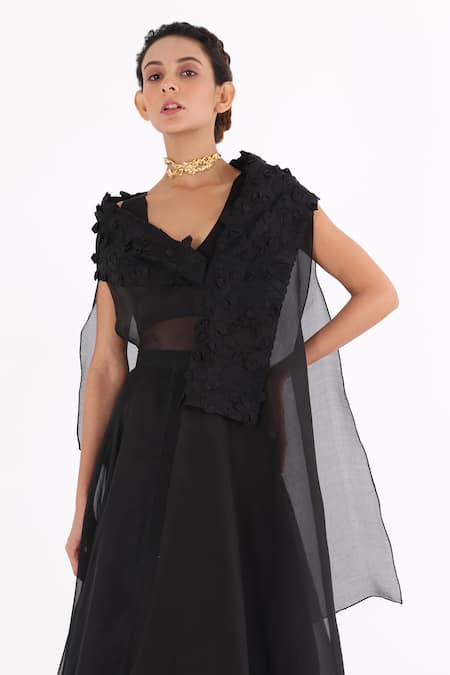 Shop Richa Khemka Black Organza, Silk Embroidery V-neck Bellisimo Applique Overlay Skirt Set at Aza Fashions Shop_Richa Khemka_Black Organza, Silk Embroidery V-neck Bellisimo Applique Overlay Skirt Set _at_Aza_Fashions