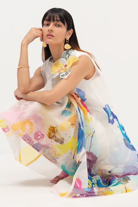 Richa Khemka Multi Color Organza Embroidery, Applique Round Neck Bello Orchid Print Dress Online at Aza Fashions Richa Khemka_Multi Color Organza Embroidery, Applique Round Neck Bello Orchid Print Dress _Online_at_Aza_Fashions