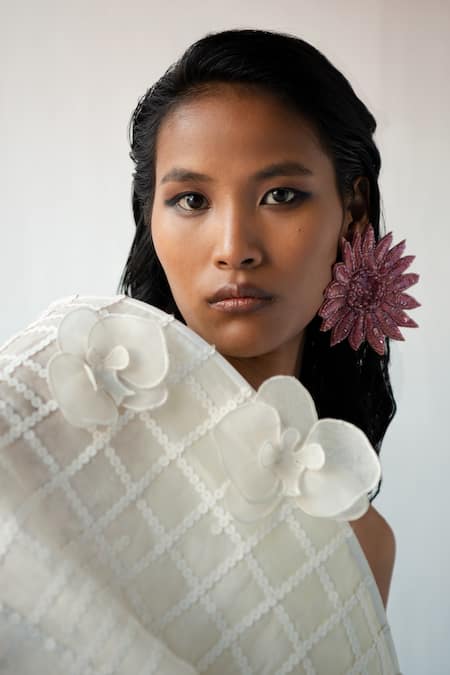 Shop Richa Khemka White Bamboo, Taffeta, Organza Applique Bianco Jumpsuit With Embroidered Drape at Aza Fashions Shop_Richa Khemka_White Bamboo, Taffeta, Organza Applique Bianco Jumpsuit With Embroidered Drape _at_Aza_Fashions