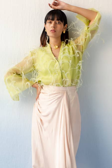 Shop Richa Khemka Green Organza, Bamboo Feathers Mandarin Dolce Vita Embellished Shirt And Pant Set at Aza Fashions Shop_Richa Khemka_Green Organza, Bamboo Feathers Mandarin Dolce Vita Embellished Shirt And Pant Set _at_Aza_Fashions