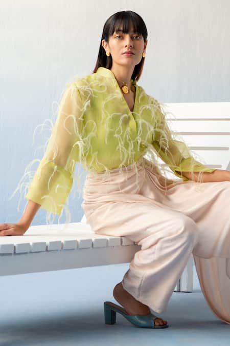 Richa Khemka Green Organza, Bamboo Feathers Mandarin Dolce Vita Embellished Shirt And Pant Set Online at Aza Fashions Richa Khemka_Green Organza, Bamboo Feathers Mandarin Dolce Vita Embellished Shirt And Pant Set _Online_at_Aza_Fashions