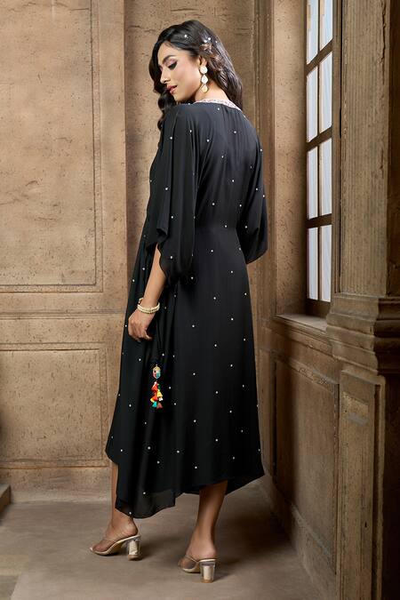 Shop Aariyana Couture Black Cotton, Silk, Taffeta Tassels V-neck Geometric Embroidered Yoke Kaftan at Aza Fashions Shop_Aariyana Couture_Black Cotton, Silk, Taffeta Tassels V-neck Geometric Embroidered Yoke Kaftan_at_Aza_Fashions