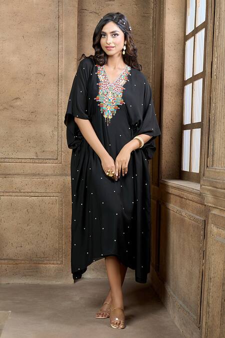Buy Aariyana Couture Black Cotton, Silk, Taffeta Tassels V-neck Geometric Embroidered Yoke Kaftan Buy_Aariyana Couture_Black Cotton, Silk, Taffeta Tassels V-neck Geometric Embroidered Yoke Kaftan