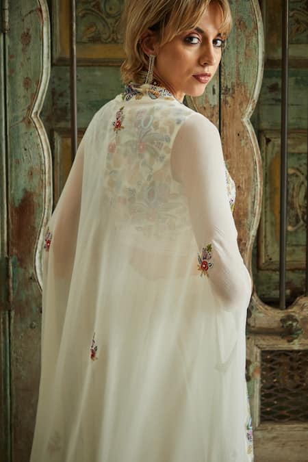 Shop Sayisha White Georgette Hand Embroidery Floral Blouse Bloom Border Jacket Palazzo Set at Aza Fashions Shop_Sayisha_White Georgette Hand Embroidery Floral Blouse Bloom Border Jacket Palazzo Set _at_Aza_Fashions