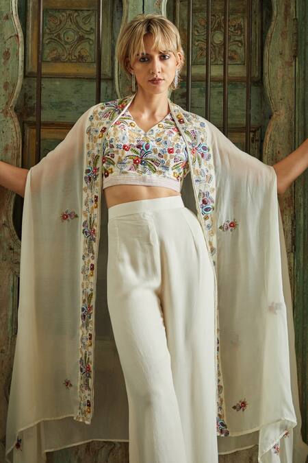 Sayisha White Georgette Hand Embroidery Floral Blouse Bloom Border Jacket Palazzo Set Online at Aza Fashions Sayisha_White Georgette Hand Embroidery Floral Blouse Bloom Border Jacket Palazzo Set _Online_at_Aza_Fashions