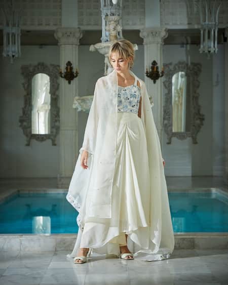 Shop Sayisha White Silk Hand Embroidery Floral Blouse Sweetheart Jacket Draped Skirt Set Online at Aza Fashions Shop_Sayisha_White Silk Hand Embroidery Floral Blouse Sweetheart Jacket Draped Skirt Set _Online_at_Aza_Fashions