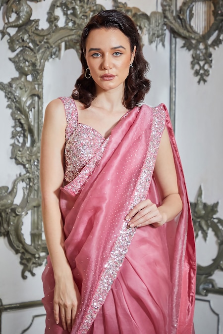 Crepe Silk Sequins Classic Saree in Pink