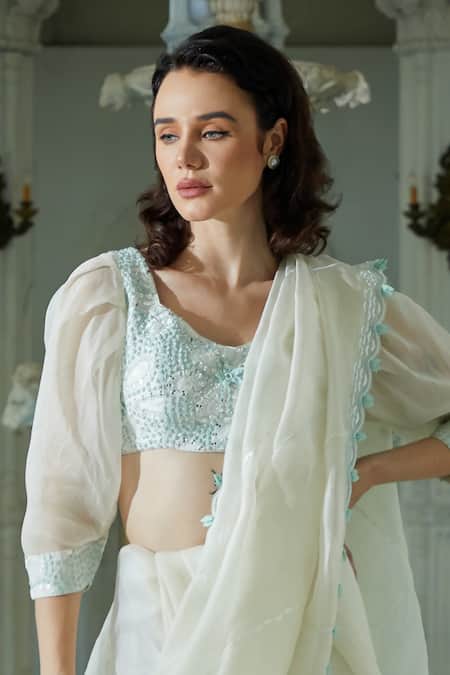Sayisha White Organza Hand Embroidery Floral Scallop Trim Saree With Puff Sleeve Blouse Online at Aza Fashions Sayisha_White Organza Hand Embroidery Floral Scallop Trim Saree With Puff Sleeve Blouse_Online_at_Aza_Fashions