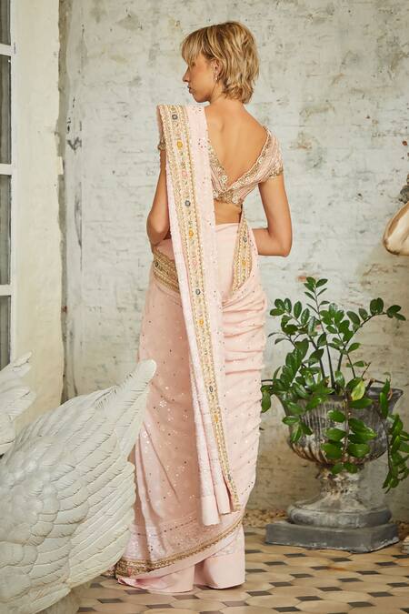 Shop Sayisha Pink Embroidery Chikankari Flower Saree at Aza Fashions Shop_Sayisha_Pink Embroidery Chikankari Flower Saree_at_Aza_Fashions