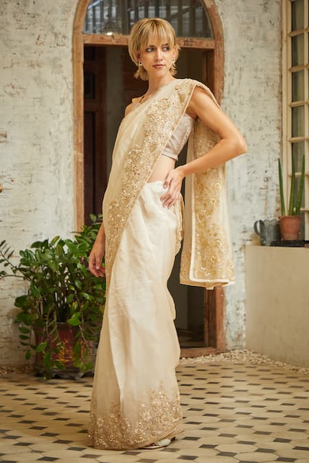 Shop Sayisha Beige Embroidery Floral Cutdana Saree at Aza Fashions Shop_Sayisha_Beige Embroidery Floral Cutdana Saree _at_Aza_Fashions