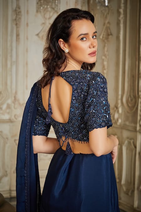 Shop Sayisha Blue Satin Embroidered Sequin U Neck Saree With Blouse at Aza Fashions Shop_Sayisha_Blue Satin Embroidered Sequin U Neck Saree With Blouse _at_Aza_Fashions