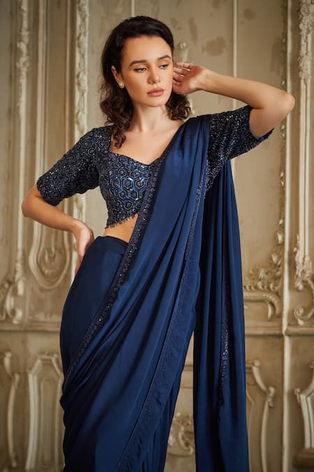 Sayisha Blue Satin Embroidered Sequin U Neck Saree With Blouse Online at Aza Fashions Sayisha_Blue Satin Embroidered Sequin U Neck Saree With Blouse _Online_at_Aza_Fashions