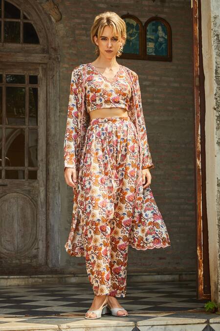 Shop Sayisha Multi Color Chinon Floral V Neck Pattern Long Jacket And Dhoti Pant Set at Aza Fashions Shop_Sayisha_Multi Color Chinon Floral V Neck Pattern Long Jacket And Dhoti Pant Set_at_Aza_Fashions