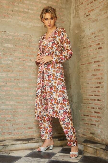 Buy Sayisha Multi Color Chinon Floral V Neck Pattern Long Jacket And Dhoti Pant Set Online at Aza Fashions Buy_Sayisha_Multi Color Chinon Floral V Neck Pattern Long Jacket And Dhoti Pant Set_Online_at_Aza_Fashions