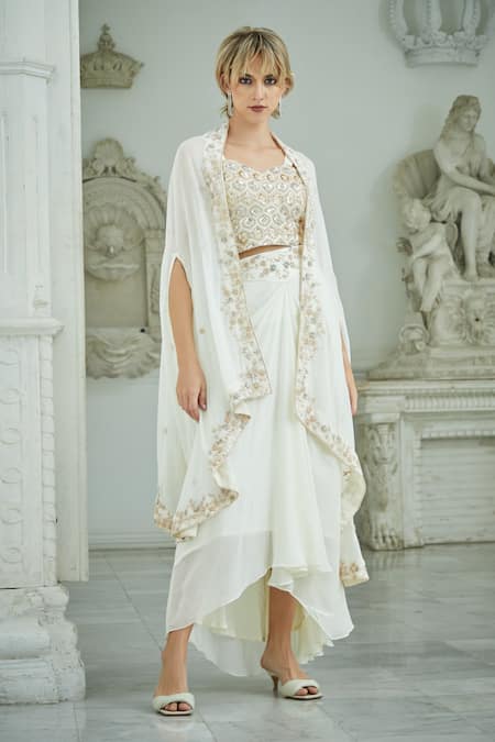 SAYISHA Asymmetric Embroidered Jacket & Drape Skirt Set 