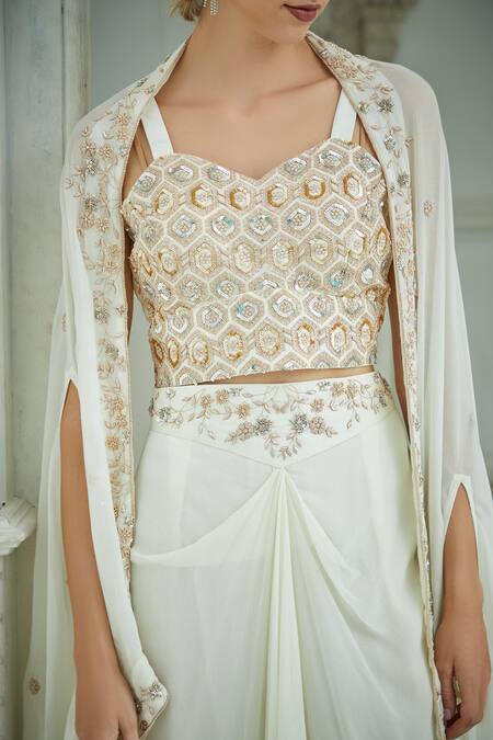 Sayisha White Silk, Organza Embroidery Sweetheart Asymmetric Jacket And Drape Skirt Set Online at Aza Fashions Sayisha_White Silk, Organza Embroidery Sweetheart Asymmetric Jacket And Drape Skirt Set _Online_at_Aza_Fashions