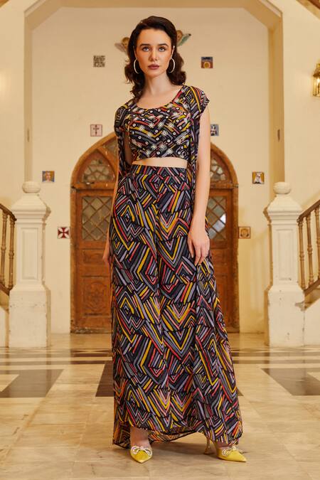 Shop Sayisha Multi Color Chinon Geometric Round Pattern Long Jacket And Palazzo Set at Aza Fashions Shop_Sayisha_Multi Color Chinon Geometric Round Pattern Long Jacket And Palazzo Set_at_Aza_Fashions