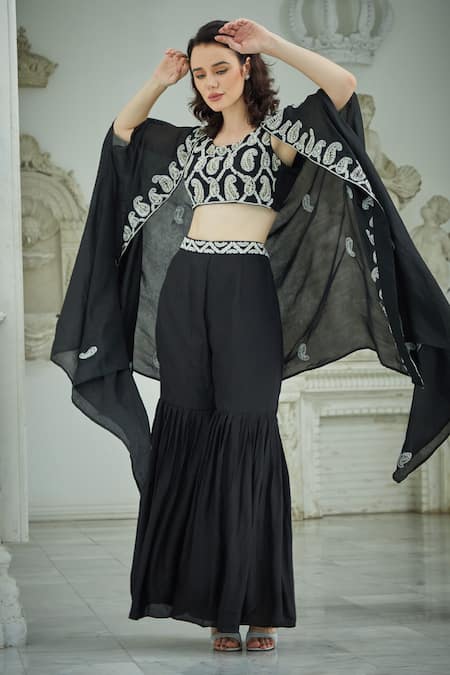 Sayisha Black Silk Embroidery Round , Open Paisley Jacket And Flared Palazzo Set 