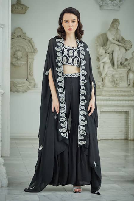 Shop Sayisha Black Silk Embroidery Round , Open Paisley Jacket And Flared Palazzo Set at Aza Fashions Shop_Sayisha_Black Silk Embroidery Round , Open Paisley Jacket And Flared Palazzo Set _at_Aza_Fashions
