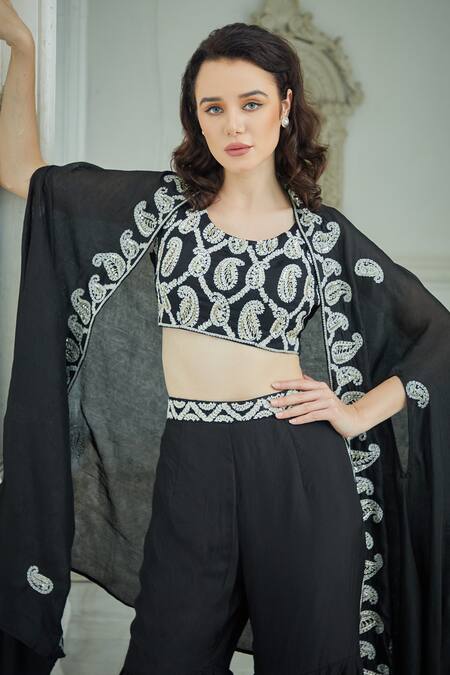 Sayisha Black Silk Embroidery Round , Open Paisley Jacket And Flared Palazzo Set Online at Aza Fashions Sayisha_Black Silk Embroidery Round , Open Paisley Jacket And Flared Palazzo Set _Online_at_Aza_Fashions