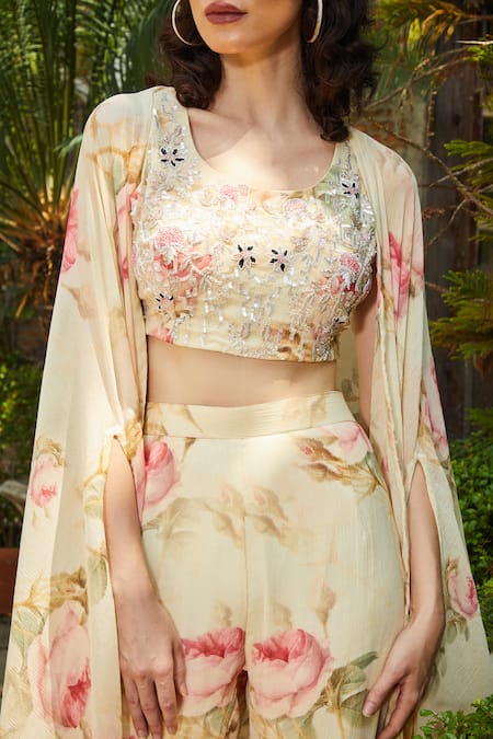Buy_Sayisha_Yellow Chinon Floral Round Pattern Jacket And Flared Palazzo Set_Online_at_Aza_Fashions