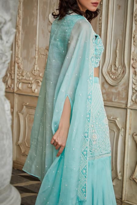 Shop Sayisha Blue Satin, Organza Embroidery V-neck, Round Floral Jacket And Flared Palazzo Set at Aza Fashions Shop_Sayisha_Blue Satin, Organza Embroidery V-neck, Round Floral Jacket And Flared Palazzo Set _at_Aza_Fashions