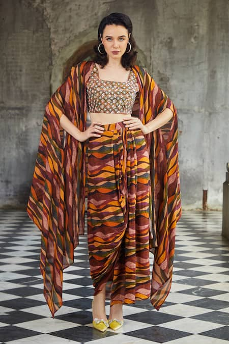 SAYISHA Asymmetric Geometric Pattern Jacket & Drape Skirt Set 