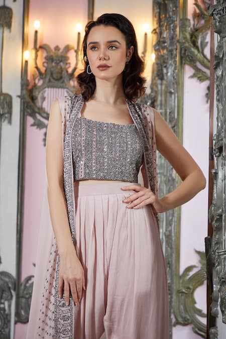 Shop_Sayisha_Peach Georgette Embroidery Round Neck Floral Jacket And Dhoti Pant Set _at_Aza_Fashions