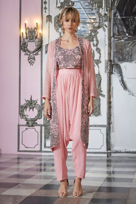 Shop_Sayisha_Pink Georgette Beads Round Neck Embroidered Jacket And Pant Set _at_Aza_Fashions