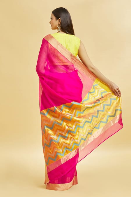 Mint N Oranges Chanderi Handwoven Saree With Blouse Piece 