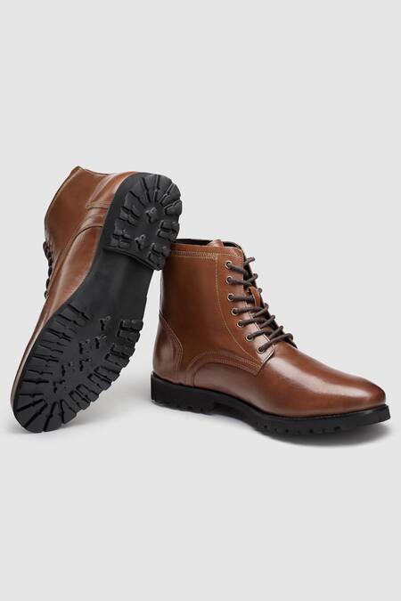 Shop Hats Off Accessories Brown Embroidery Leather Ankle Boots Online at Aza Fashions Shop_Hats Off Accessories_Brown Embroidery Leather Ankle Boots_Online_at_Aza_Fashions