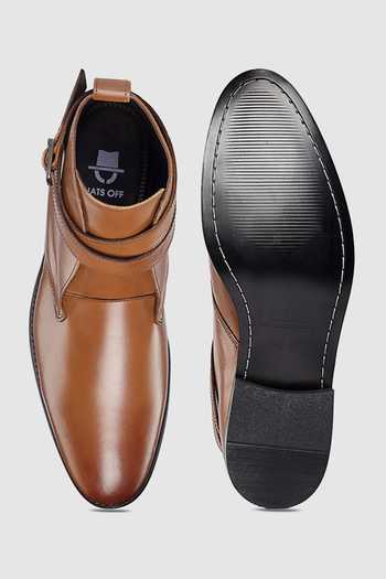 Shop Hats Off Accessories Brown Embroidery Leather Double Strap Ankle Boots at Aza Fashions Shop_Hats Off Accessories_Brown Embroidery Leather Double Strap Ankle Boots_at_Aza_Fashions