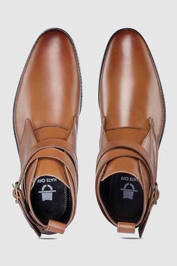 Hats Off Accessories Brown Embroidery Leather Double Strap Ankle Boots Online at Aza Fashions Hats Off Accessories_Brown Embroidery Leather Double Strap Ankle Boots_Online_at_Aza_Fashions