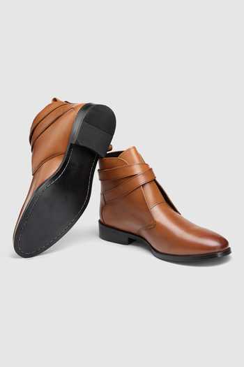 Buy Hats Off Accessories Brown Embroidery Leather Double Strap Ankle Boots Online at Aza Fashions Buy_Hats Off Accessories_Brown Embroidery Leather Double Strap Ankle Boots_Online_at_Aza_Fashions