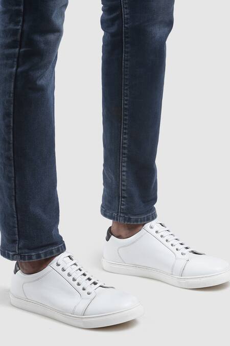 Shop_Hats Off Accessories_White Leather Round Toe Sneakers_Online_at_Aza_Fashions