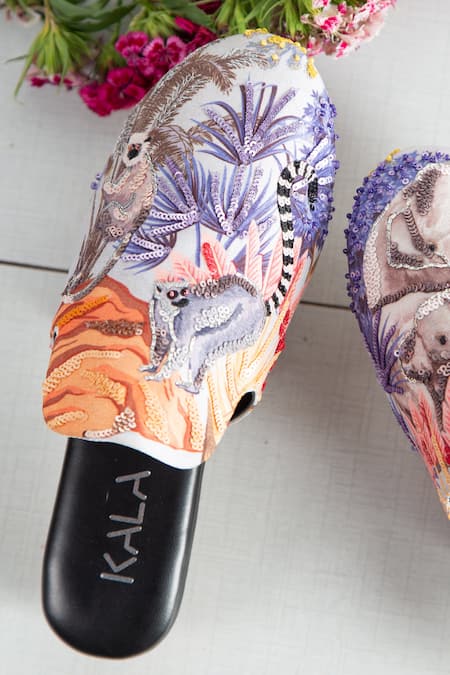 Kala_Cream Elephant Whisperer Printed And Embroidered Mules _Online_at_Aza_Fashions