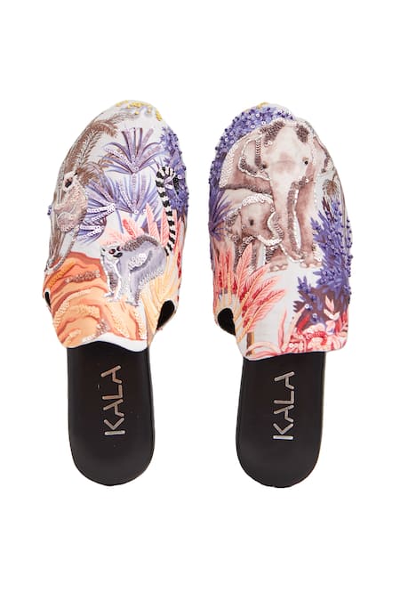 Buy_Kala_Cream Elephant Whisperer Printed And Embroidered Mules _Online_at_Aza_Fashions